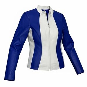 DANIER LEATHER Blue Luxury Designer Casual Motorcycle Bomber Jacket Womens 3XS